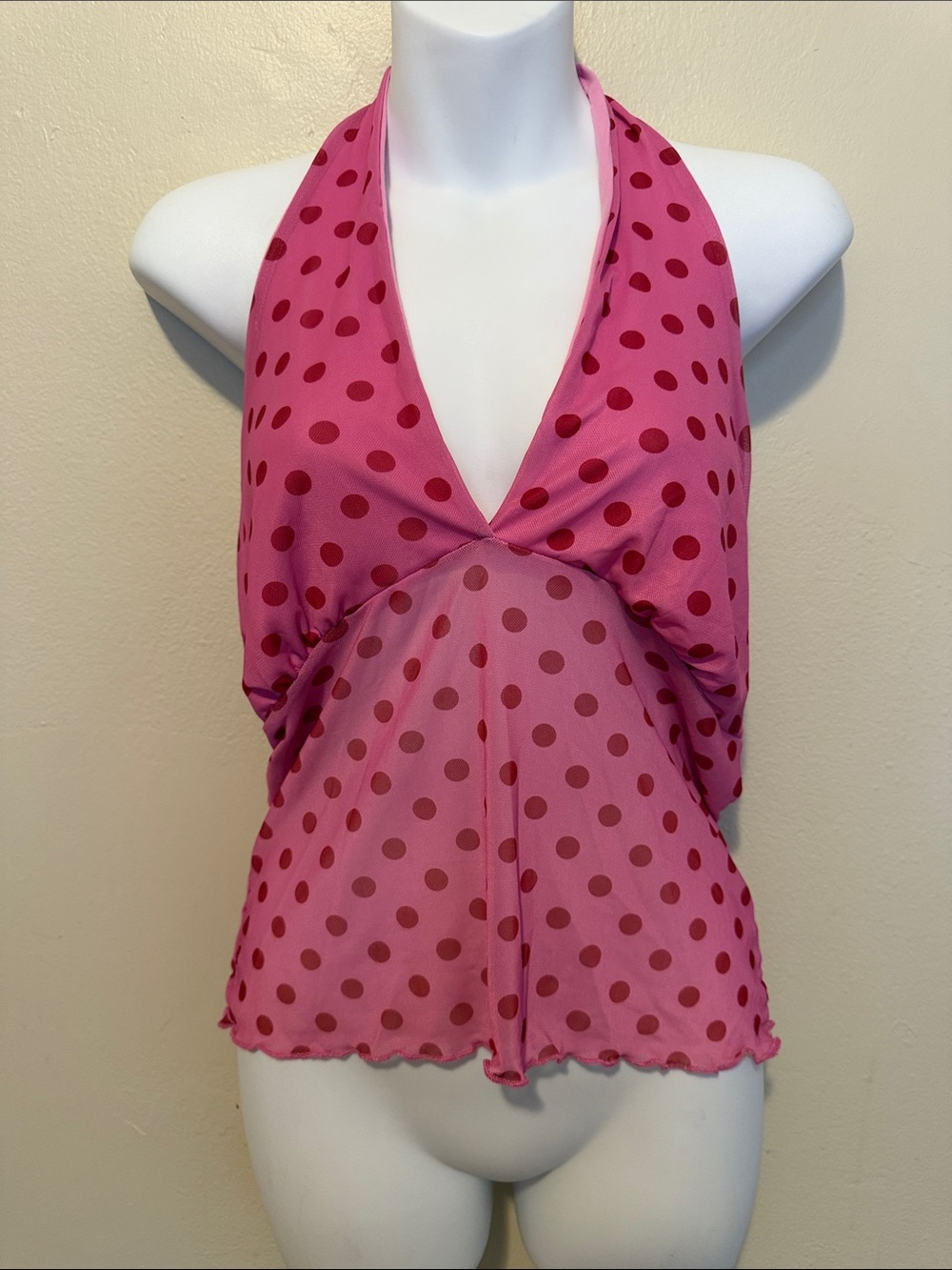 See You Monday Pink Halter Blouse with Red Polka Dots